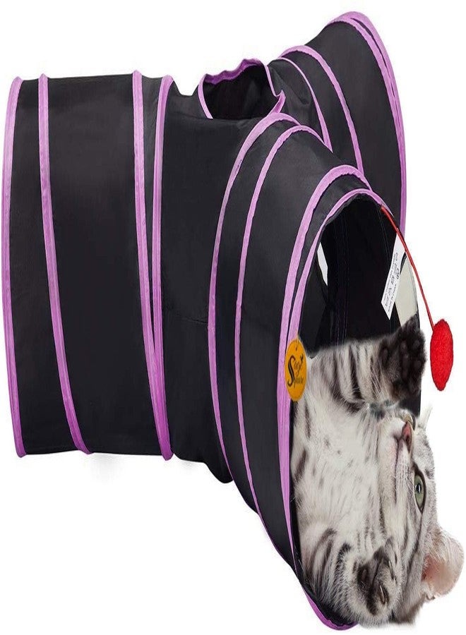 Sage Square Cat Jumbo Collapsible Lightweight Portable T-Shape Tube Hiding Tunnel Sleeping Bag Exercise 3 Way Tunnel with Hanging Ball for Cat, Kitten, Puppy, Dog (Pink) - Image 2